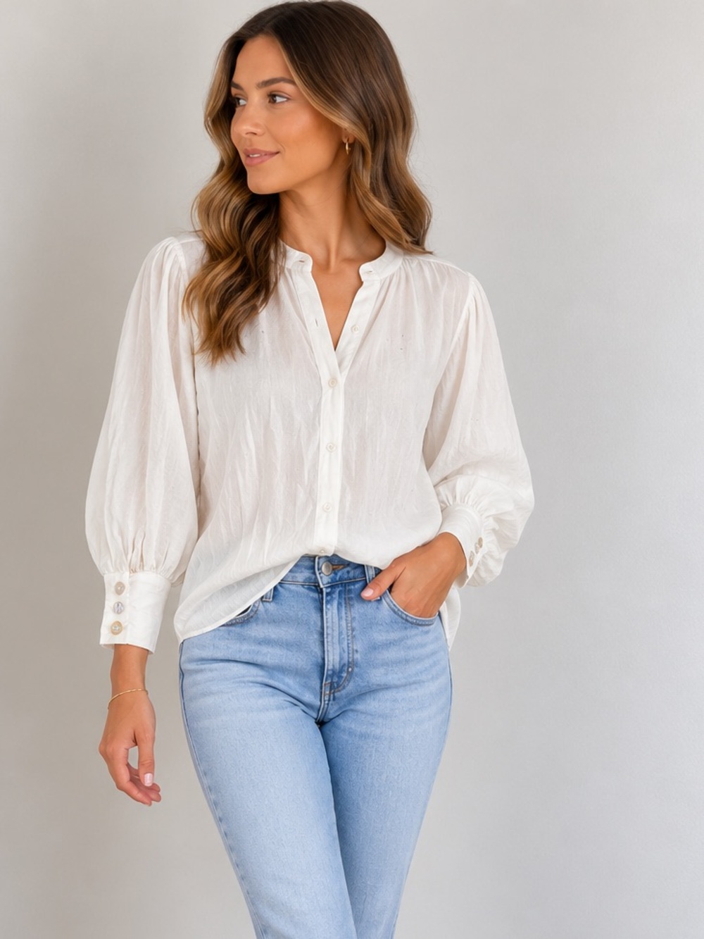 Bailey 44 Sheer Off White Long Sleeve Button Down Blouse w/ rhinestone detail XL